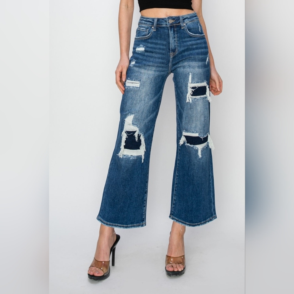 NWT Risen High-Rise Wide-Leg Crop Jeans 9/29 Patched Distressing RDP5716